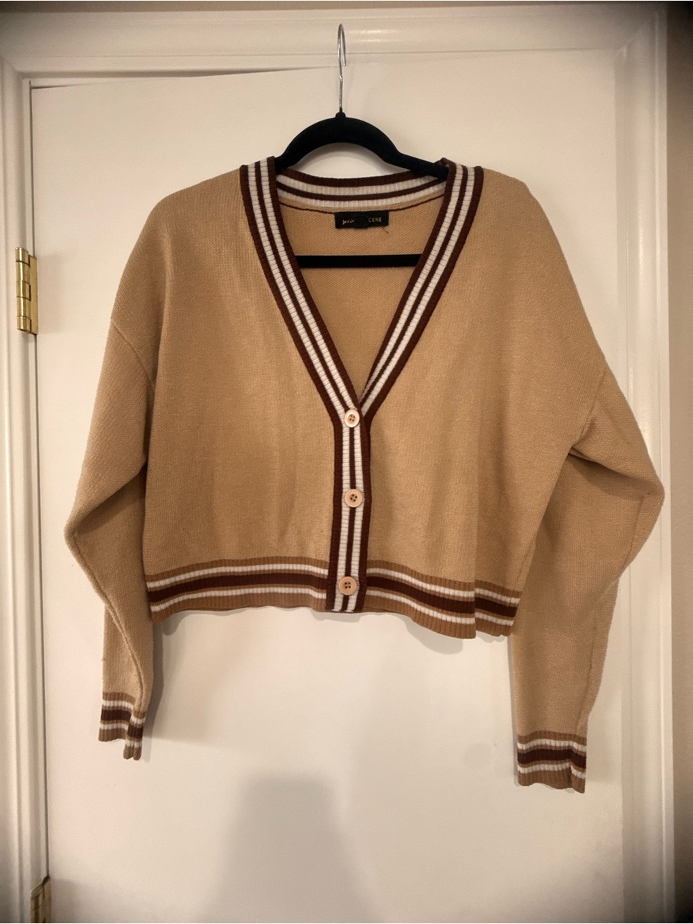 Cropped Tan V-Neck Cardigan with Striped Trim